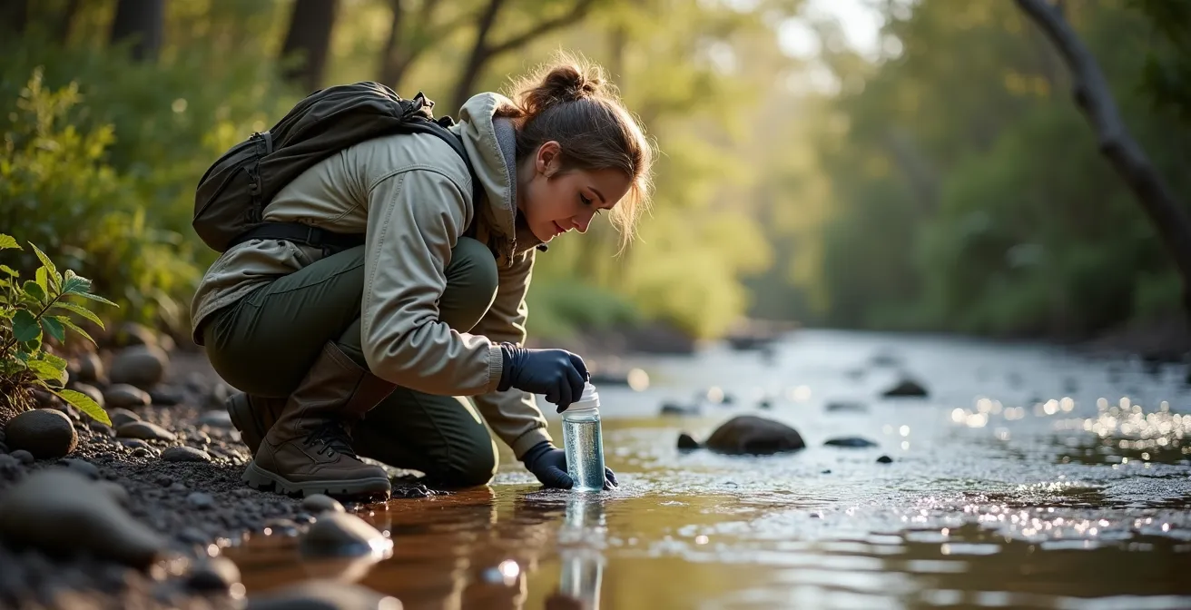 Environmental scientist collecting water samples for platypus eDNA analysis in Australian creek