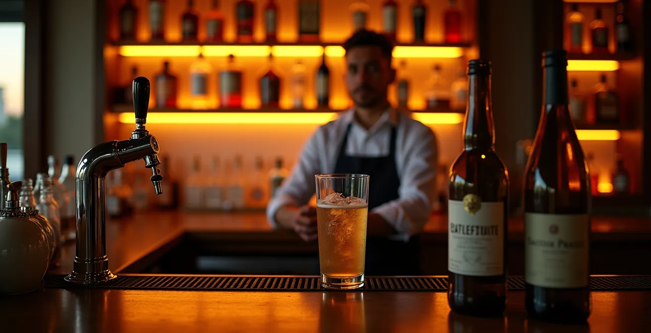 Resort pool bar showcasing different drink tiers through bottle positioning and lighting