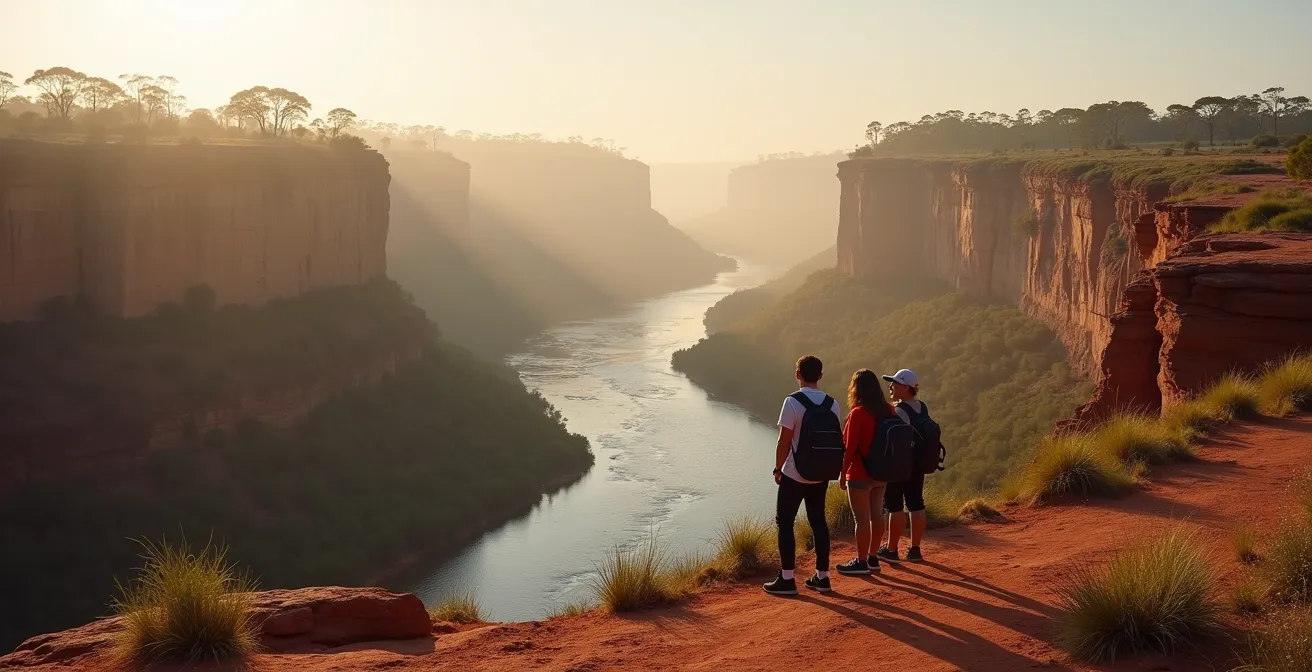 Distant view of closed sacred site with respectful travelers observing from appropriate distance