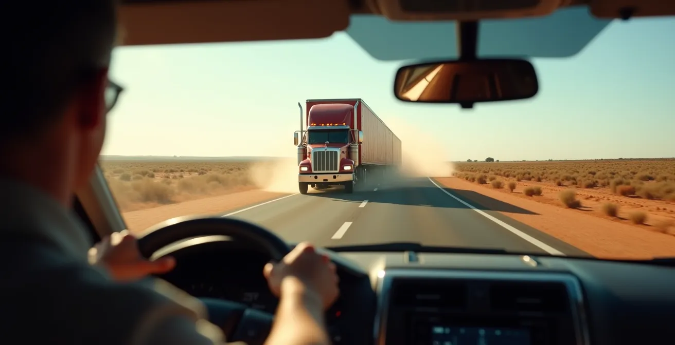 Driver's perspective of a massive road train on an outback highway with a clear passing zone ahead