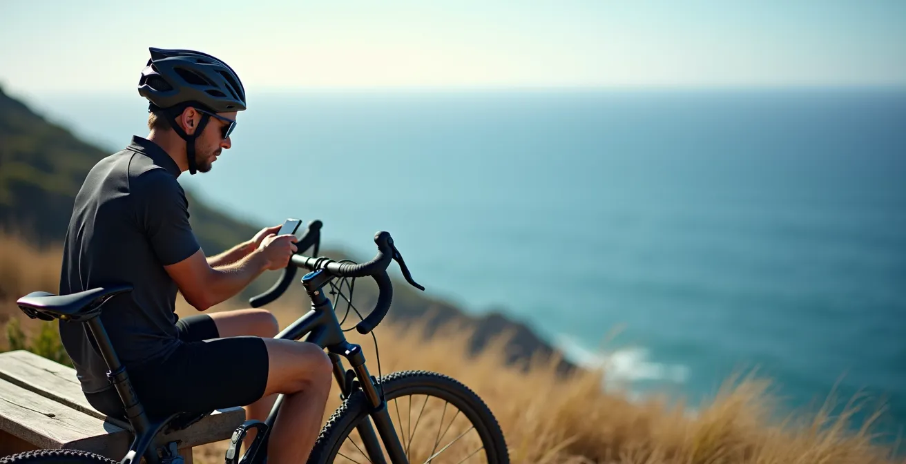 Cyclist taking a break at a scenic viewpoint on Rottnest Island