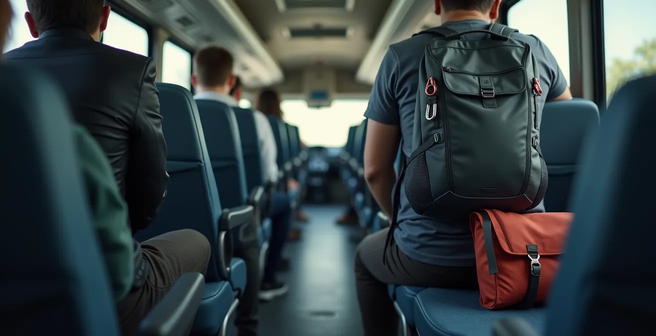 Traveler's backpack secured with locks and positioned strategically for an overnight bus journey