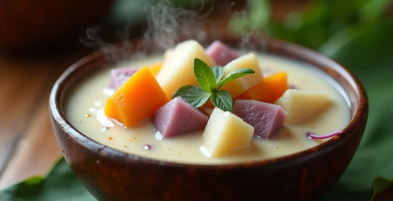 Close-up of creamy Sop Sop stew with white and purple sweet potatoes in coconut milk