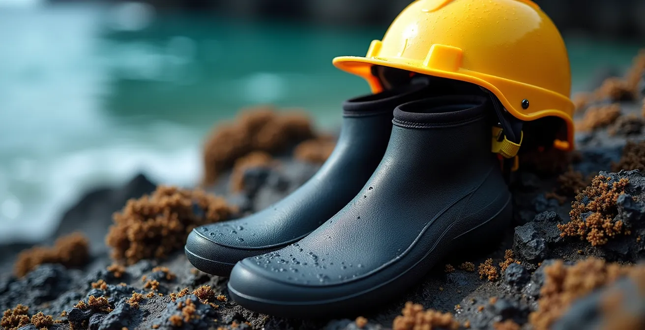 Close-up of surfing safety gear including reef booties and helmet on volcanic rocks