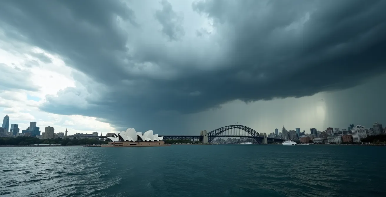 Sydney Harbor with dramatic wall of dark clouds approaching from the south