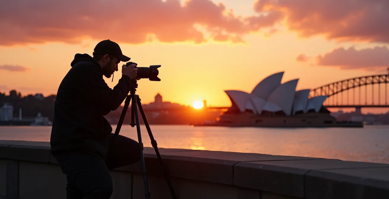 Photographer capturing Sydney Opera House from Mrs Macquarie's Chair at sunrise