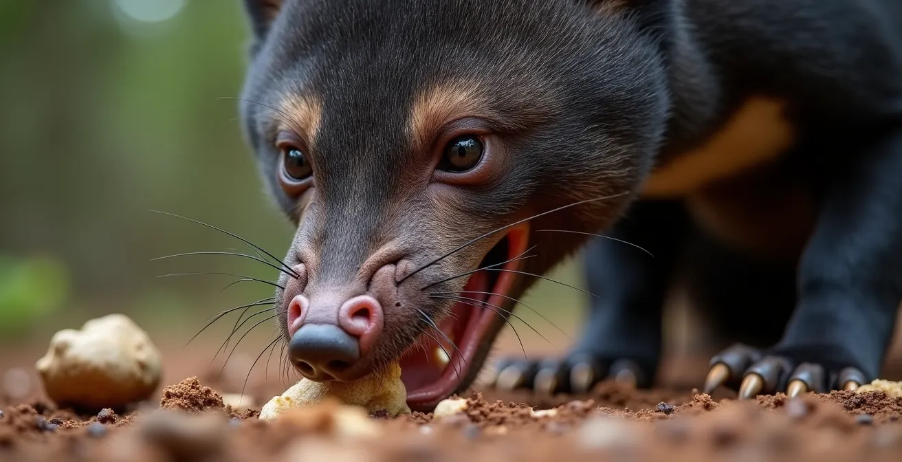 Close-up macro detail of Tasmanian devil's powerful jaw during feeding