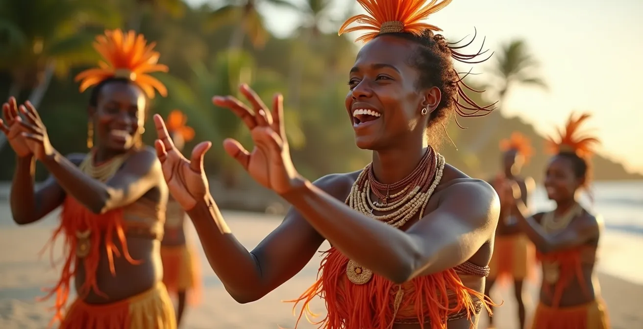 Traditional Torres Strait Islander dancers in ceremonial dress performing cultural dance