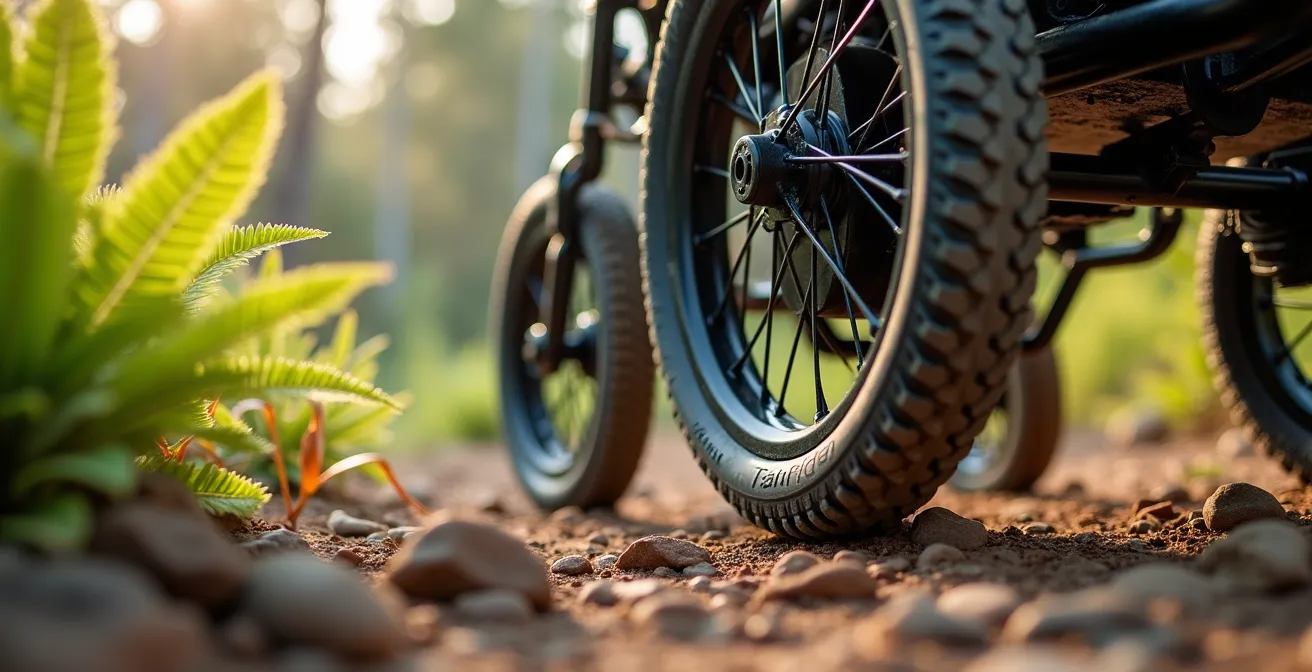 All-terrain TrailRider wheelchair on a bushland trail surrounded by native Australian vegetation