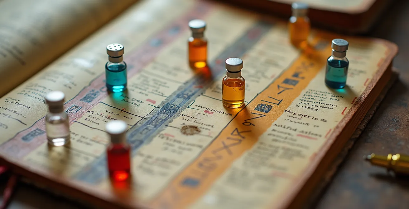 Medical preparation timeline visualization for international travel, with vials and diagrams on a journal.