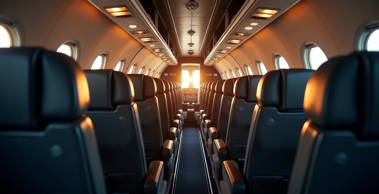 Interior view of small regional aircraft showing overhead compartments and narrow aisle