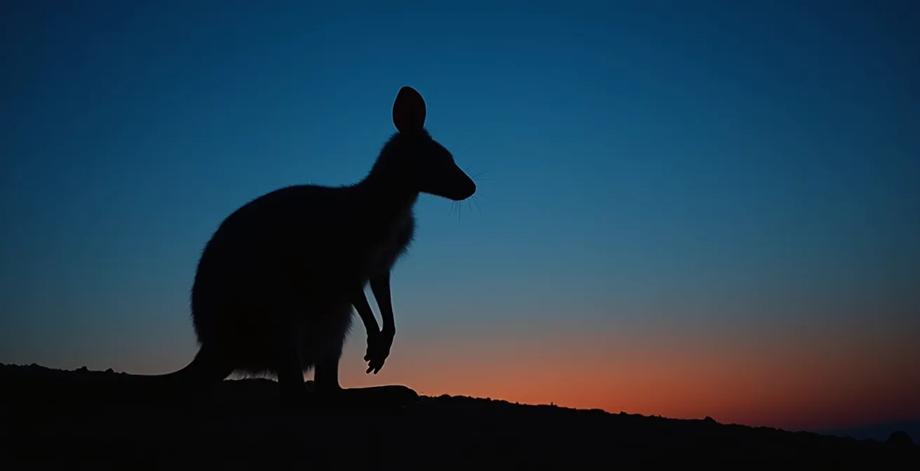 Wallaby silhouette against twilight sky showing rim lighting on fur