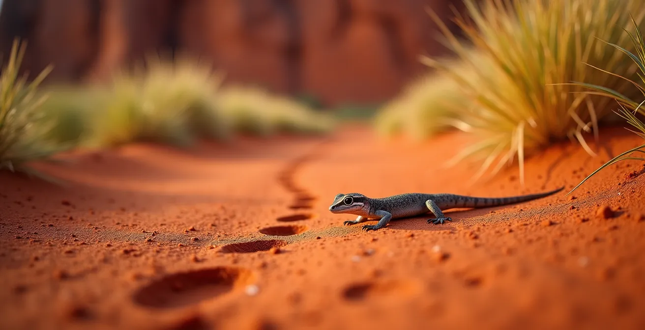 Desert walking path curving around Uluru's base in soft morning light with long shadows