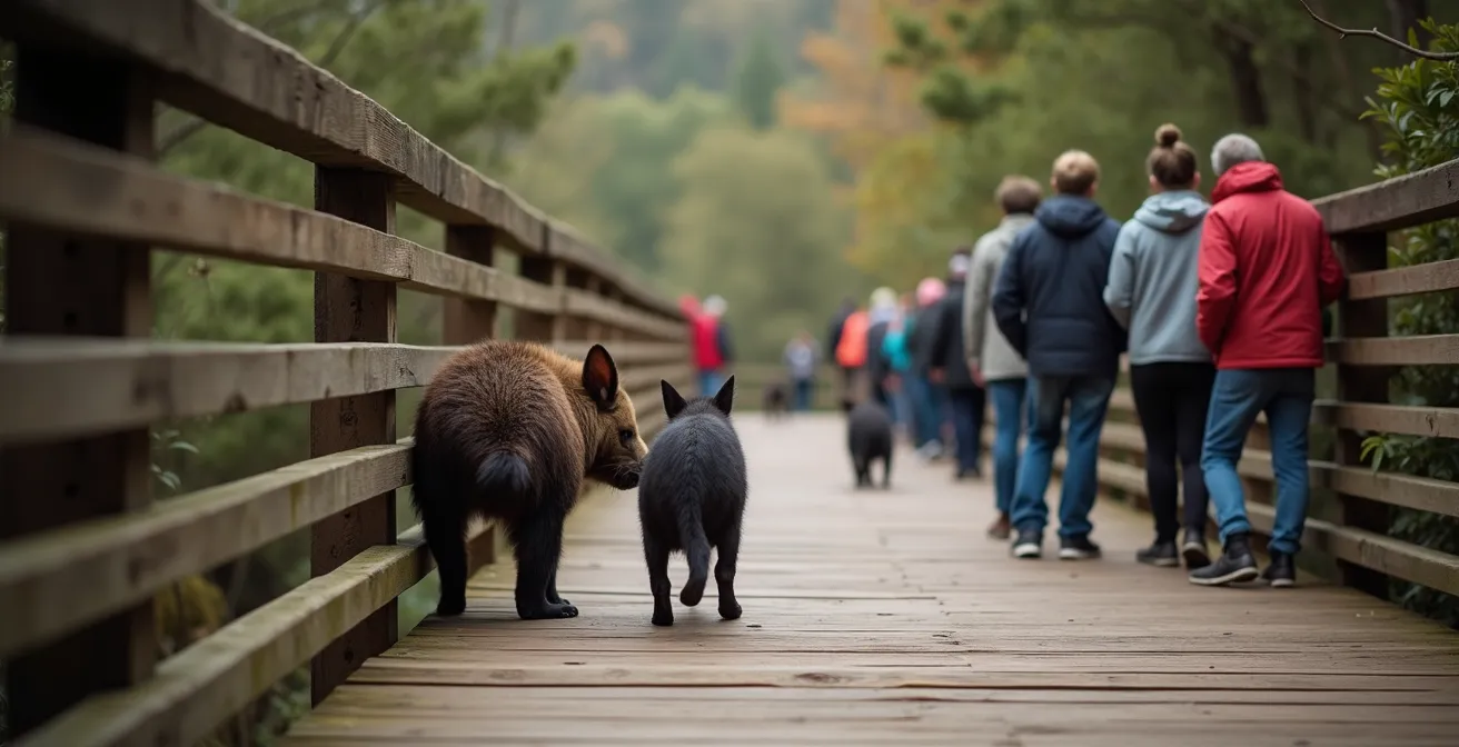Wide view of Tasmanian devils roaming freely in borderless sanctuary environment