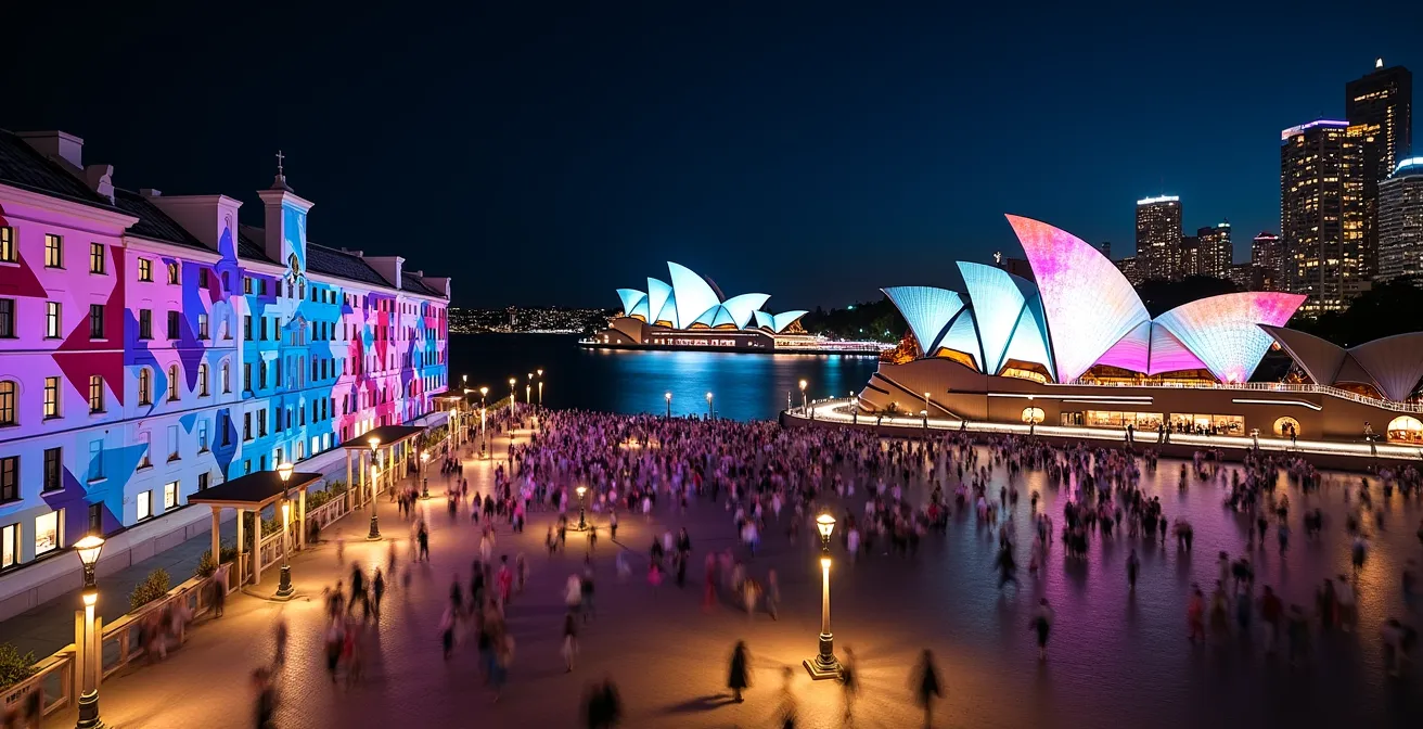 Crowds enjoying colorful light projections on buildings during Vivid Sydney festival
