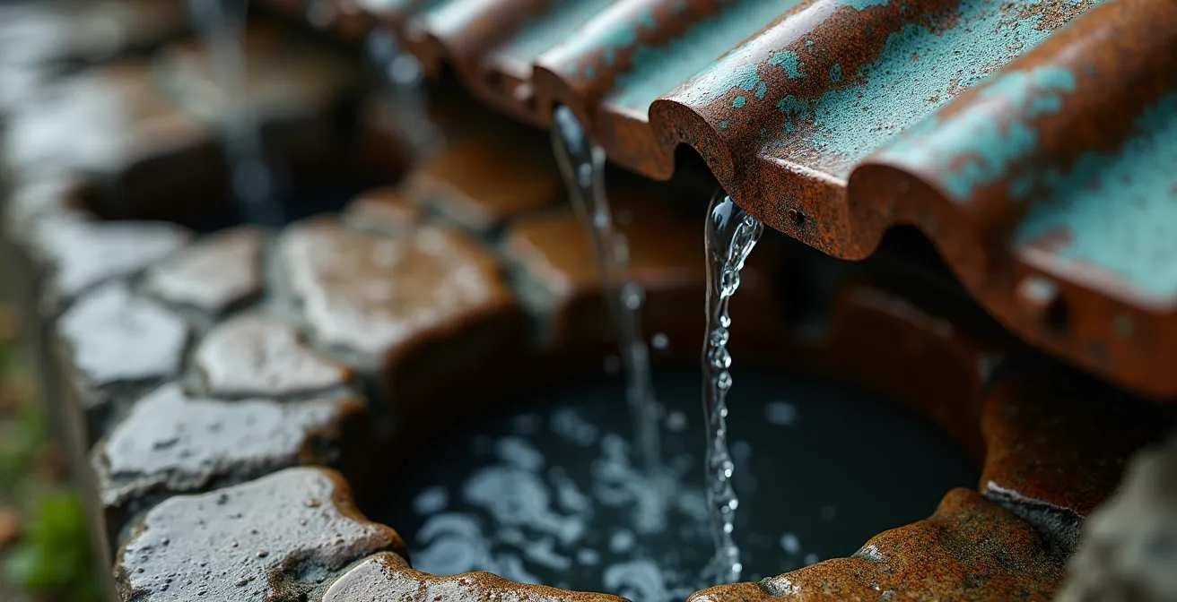 Historic lighthouse cistern collection system with rainwater channeling from roof gutters