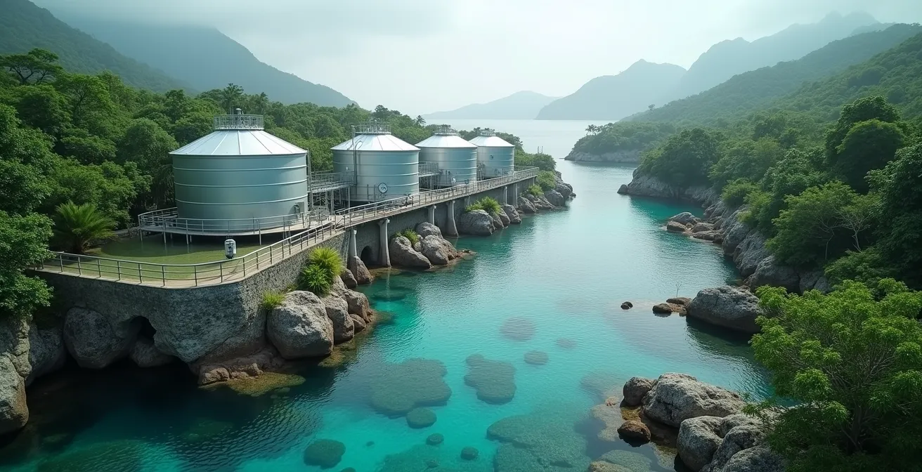 Modern water treatment facility integrated into tropical resort landscape