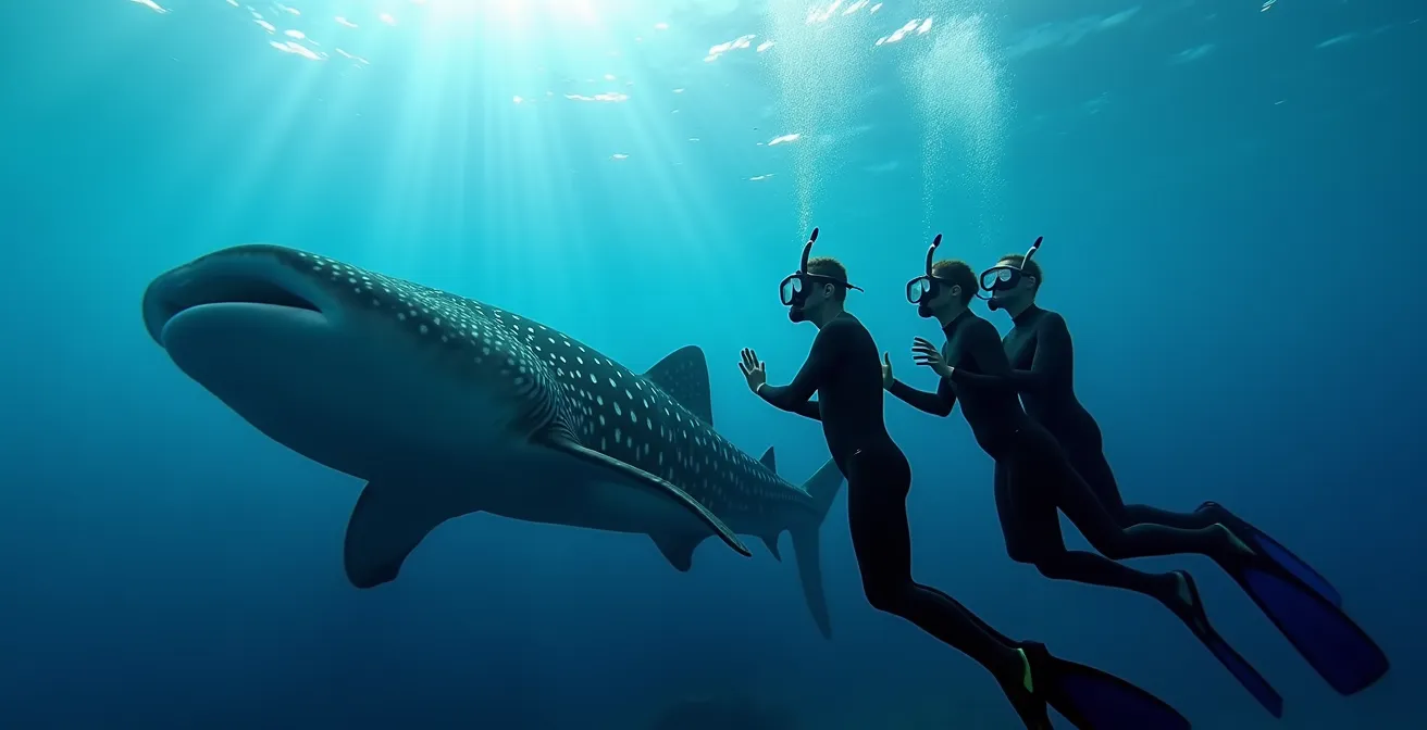 In-water guide positioning swimmers alongside a whale shark, all maintaining a safe distance.