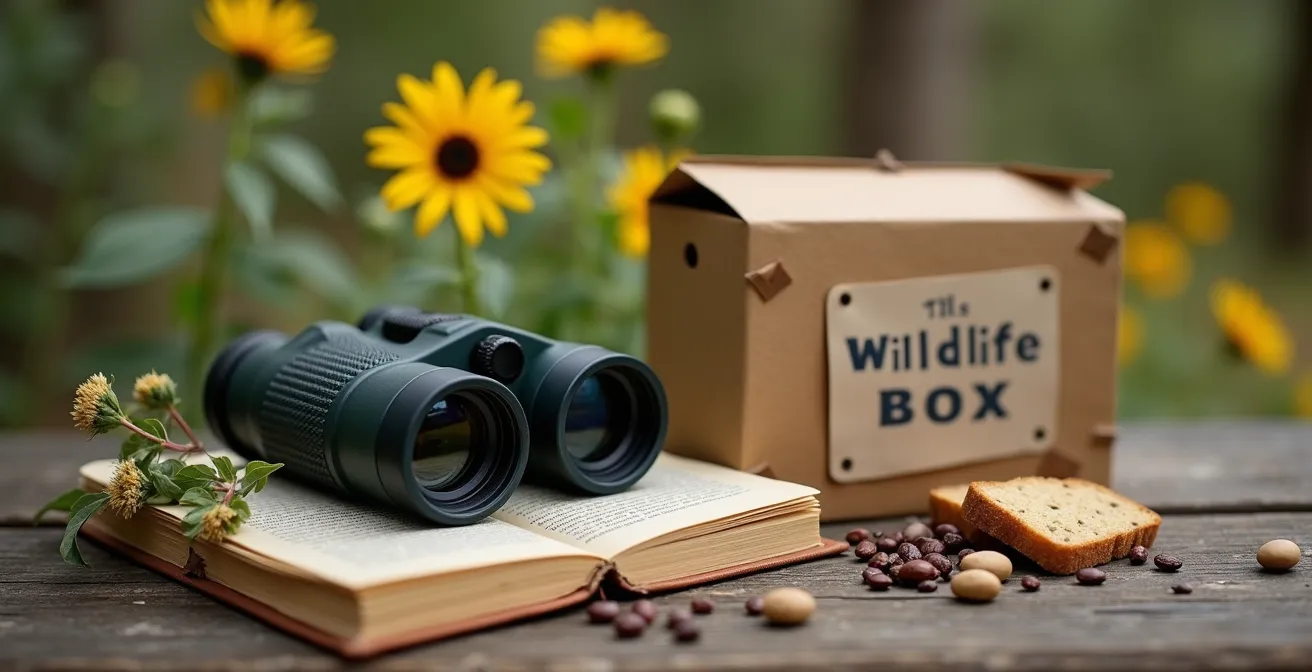 Native Australian vegetation and wildlife viewing setup with binoculars