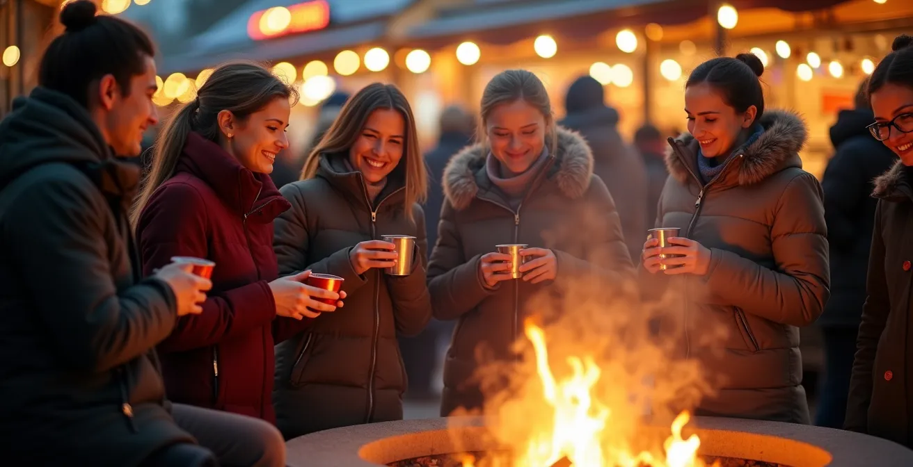 Food stalls with fire pits at an outdoor winter market
