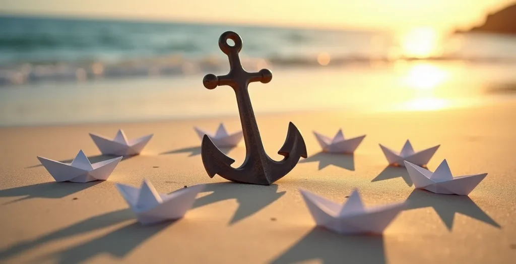 Visual metaphor for anchor booking strategy in limited capacity destinations, showing a large anchor on a beach.