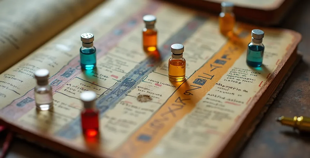 Medical preparation timeline visualization for international travel, with vials and diagrams on a journal.